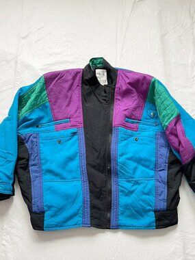 Vintage ski jacket Together color block knit mountain Medium puffer coat zip up